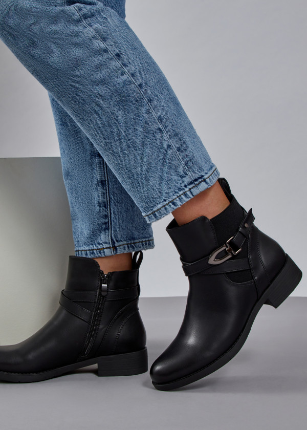 Black clip design flat ankle boots