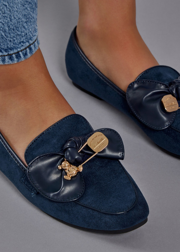 Navy safety pin bow detailed loafers