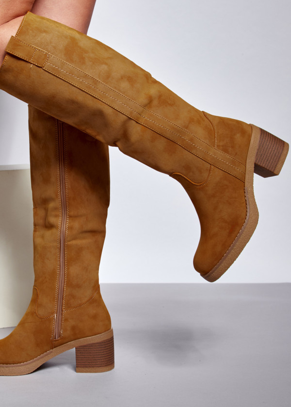 Brown tan heeled knee high boots 1