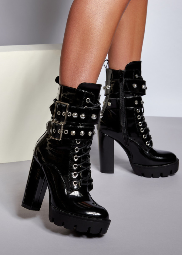 Black midi heeled biker boots