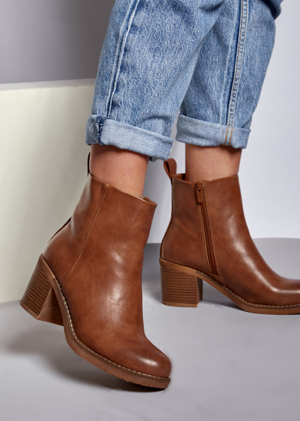 Brown tan heeled ankle boots