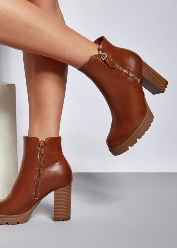 Brown Tan zip detail heeled ankle boots