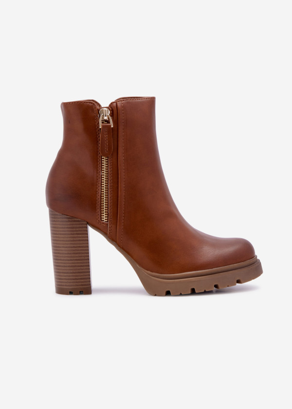 Brown Tan zip detail heeled ankle boots 2