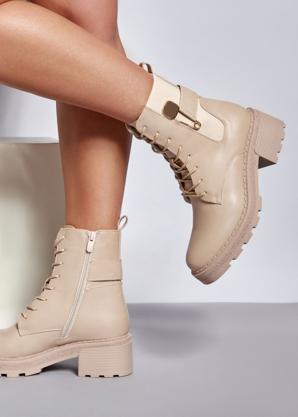 Beige safety pin detailed ankle boots 1