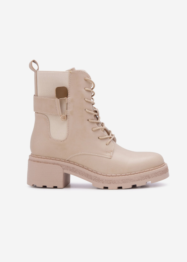 Beige safety pin detailed ankle boots 2