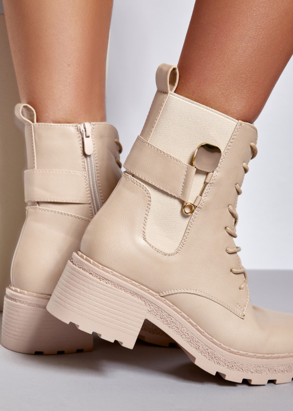 Beige safety pin detailed ankle boots 3