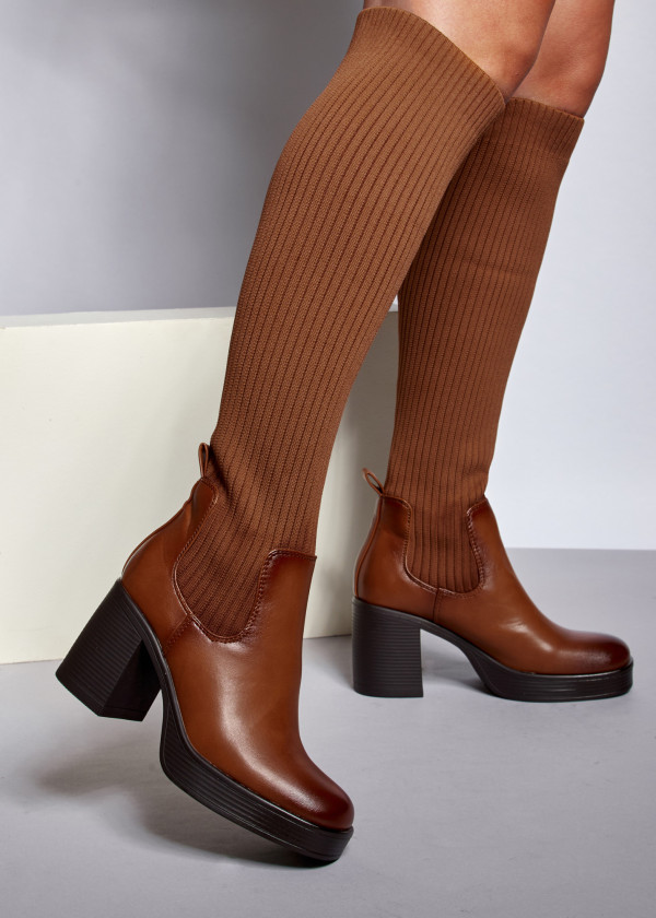 Brown tan knee high heeled sock boots