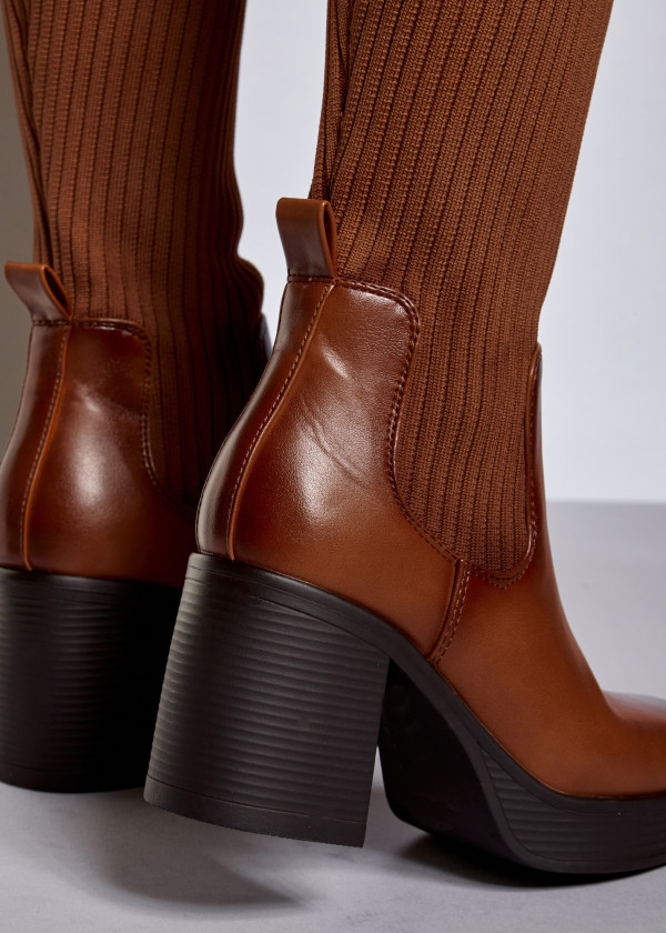Brown tan knee high heeled sock boots 2