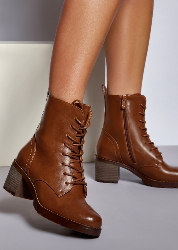 Brown tan lace up heeled ankle boots