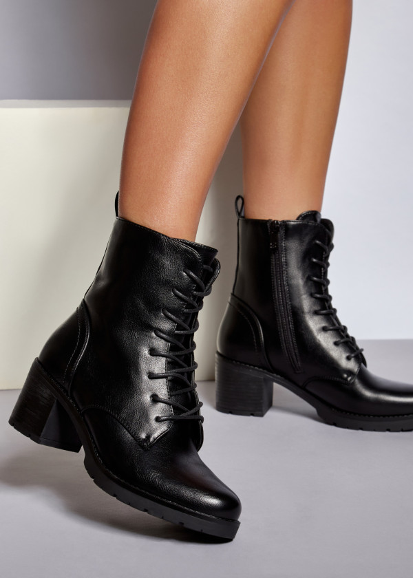 Black lace up heeled ankle boots