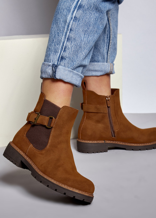 Tan two toned buckle detail ankle boots