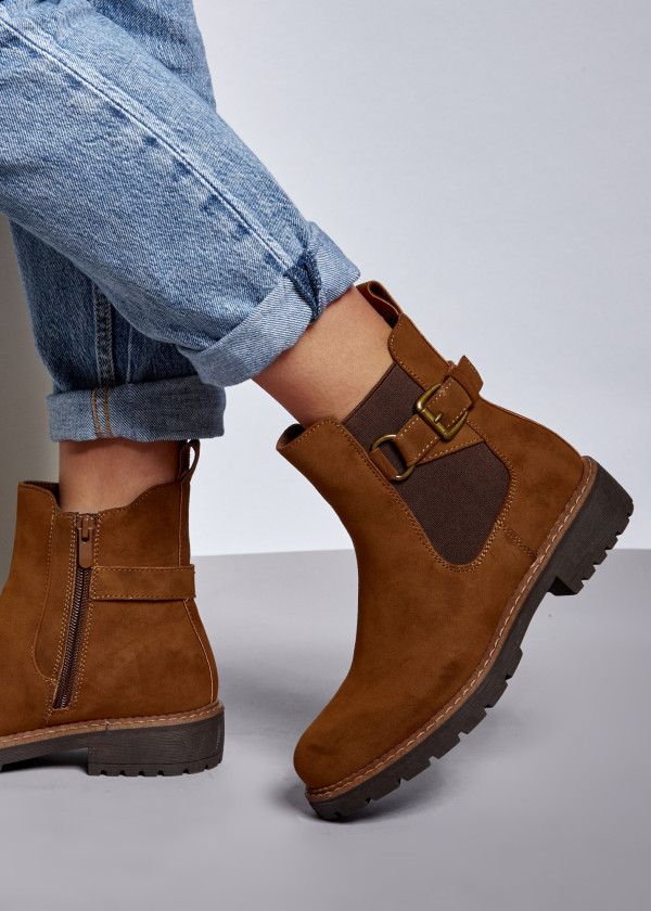 Tan two toned buckle detail ankle boots 1