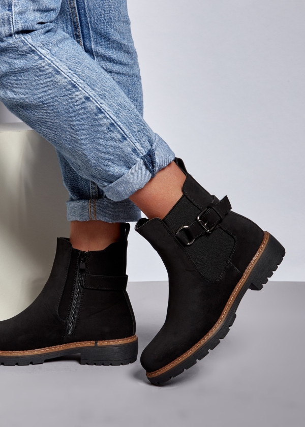 Black two toned buckle detail ankle boots