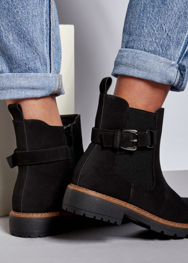 Black two toned buckle detail ankle boots 1