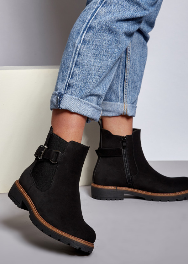 Black two toned buckle detail ankle boots 3