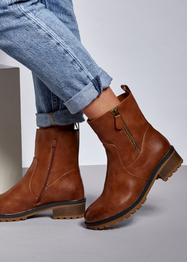 Brown tan zip detail ankle boots