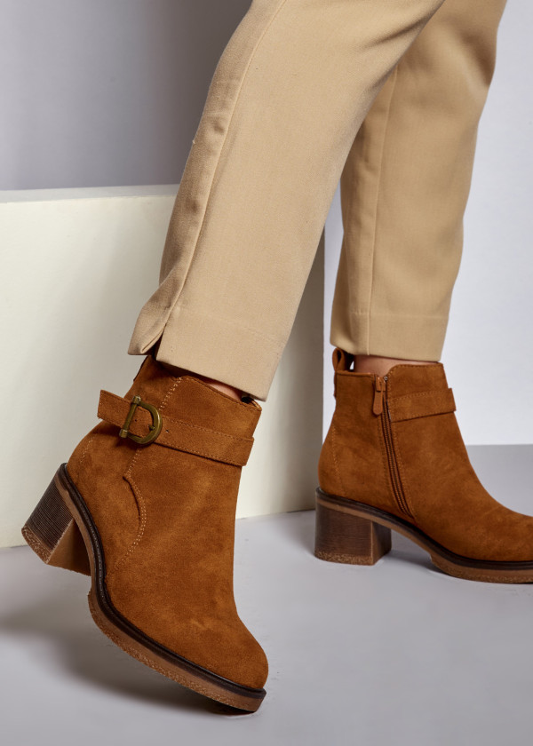 Brown tan buckle detail heeled ankle boots