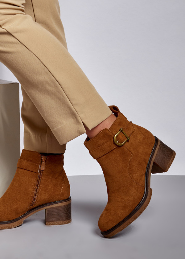 Brown tan buckle detail heeled ankle boots 1