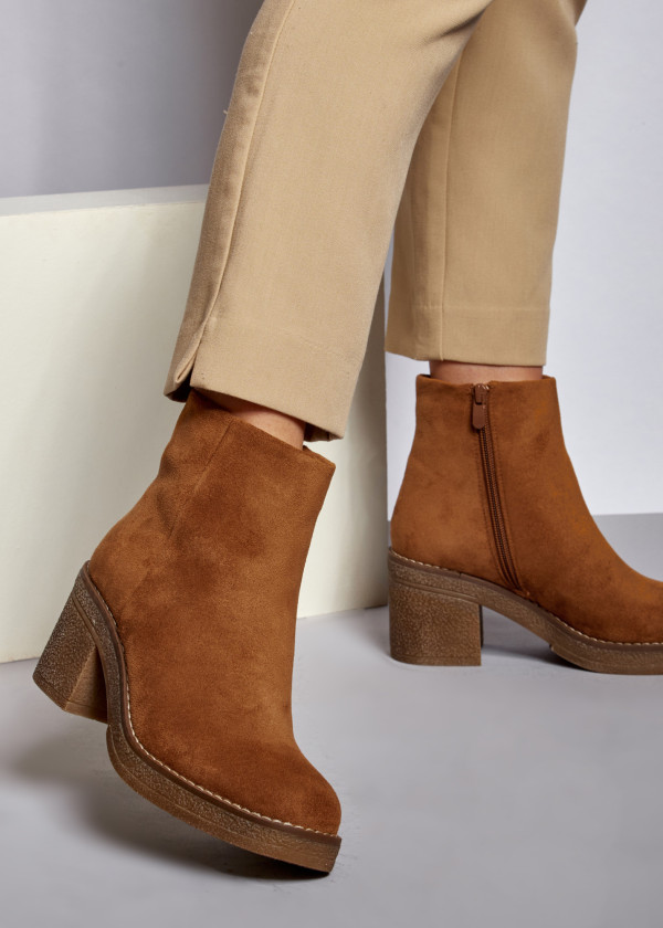 Brown tan chunky heeled ankle boots