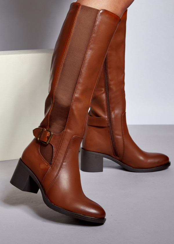 Brown tan knee high buckle detail heeled boots