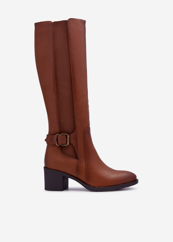 Brown tan knee high buckle detail heeled boots 2