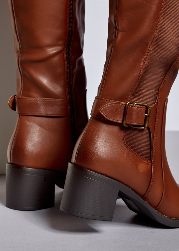 Brown tan knee high buckle detail heeled boots 3