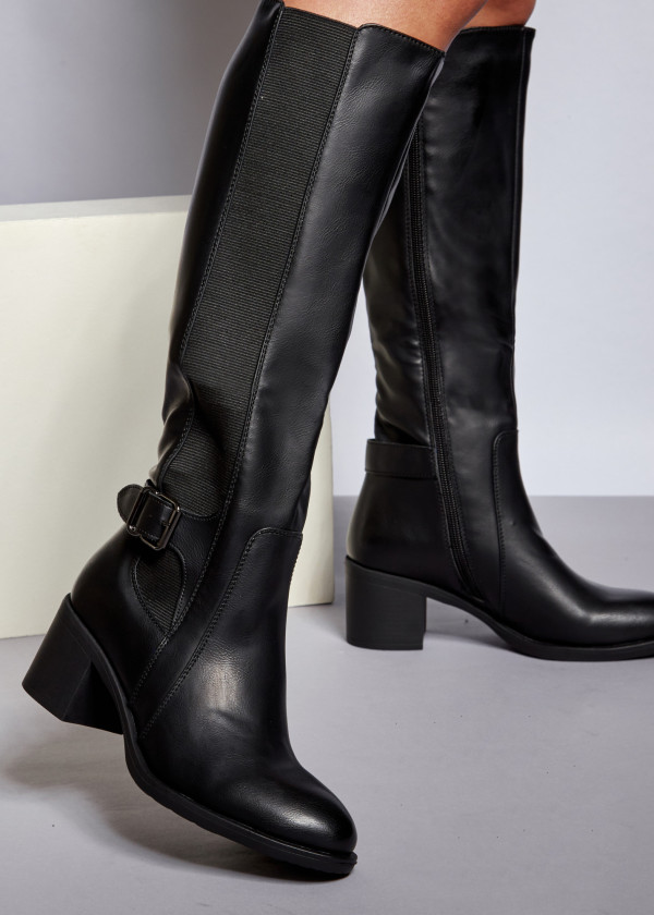 Black knee high buckle detail heeled boots