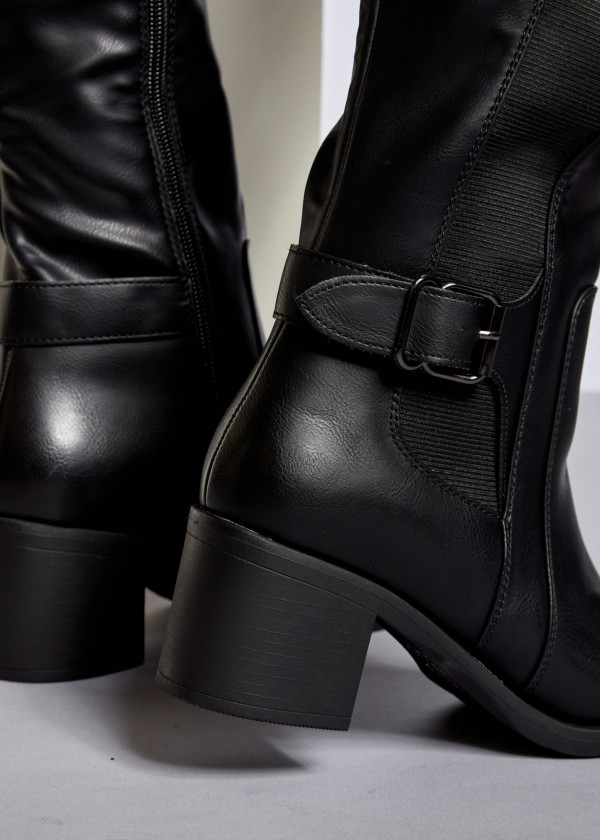 Black knee high buckle detail heeled boots 2