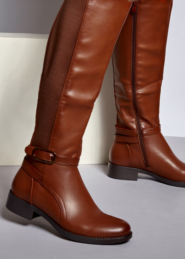 Brown tan buckle detail knee high boots