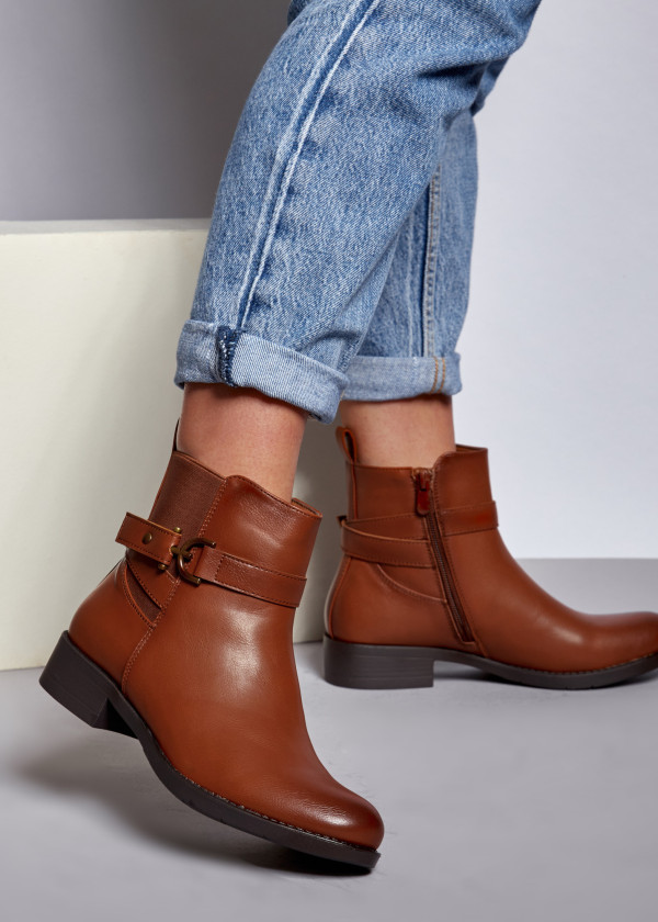 Brown tan buckle detail flat ankle boots