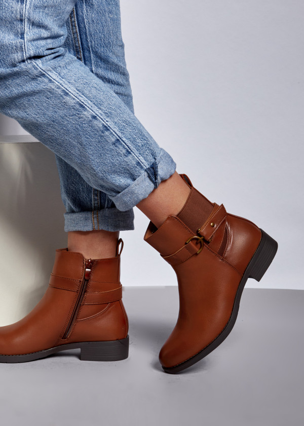 Brown tan buckle detail flat ankle boots 1