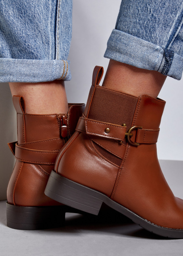 Brown tan buckle detail flat ankle boots 2