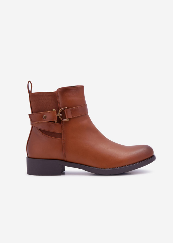 Brown tan buckle detail flat ankle boots 3