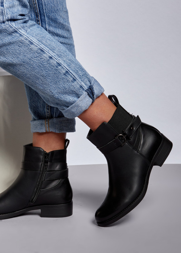 Black buckle detail flat ankle boots 1