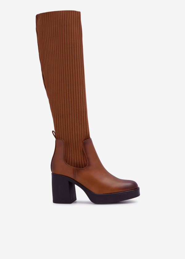 Brown tan knee high heeled sock boots 3