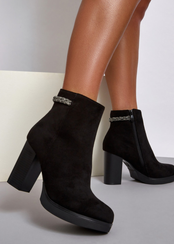 Black rhinestone plait strap detail heeled ankle boots