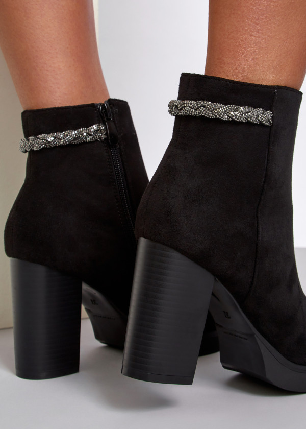 Black rhinestone plait strap detail heeled ankle boots 2