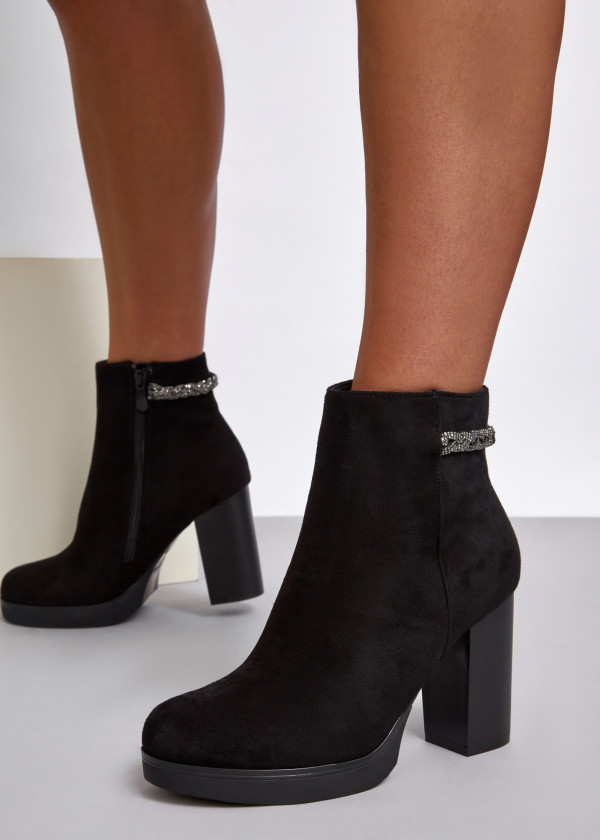 Black rhinestone plait strap detail heeled ankle boots 1