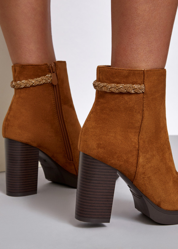 Brown tan rhinestone plait strap detail heeled ankle boots 2