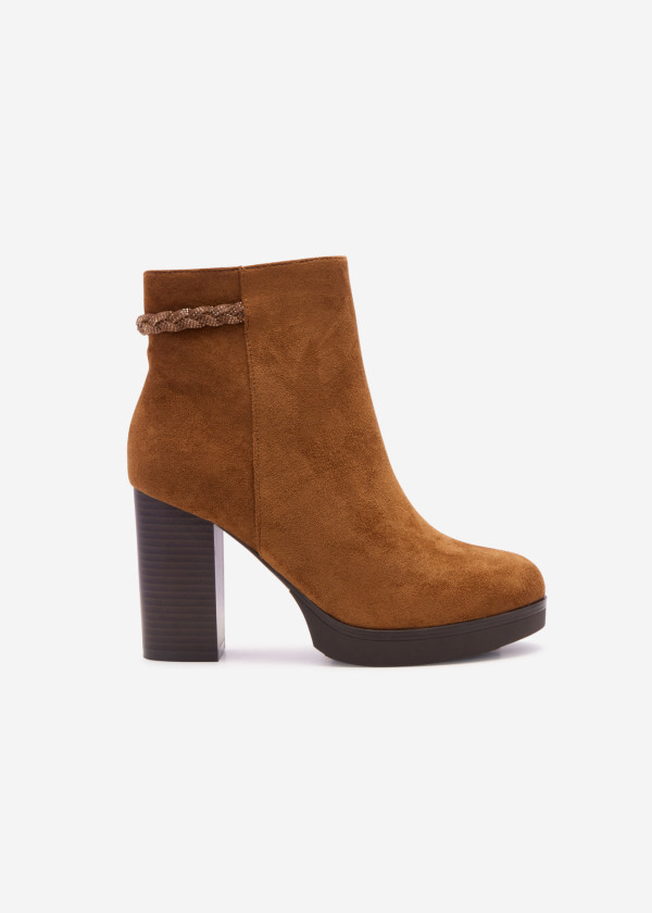 Brown tan rhinestone plait strap detail heeled ankle boots 3