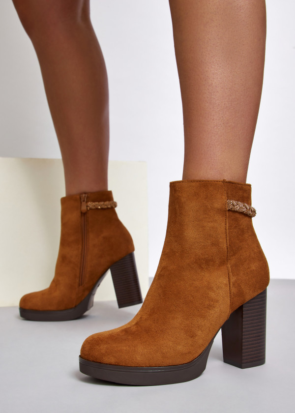 Brown tan rhinestone plait strap detail heeled ankle boots