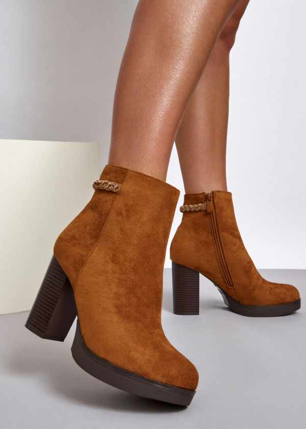 Brown tan rhinestone plait strap detail heeled ankle boots 1