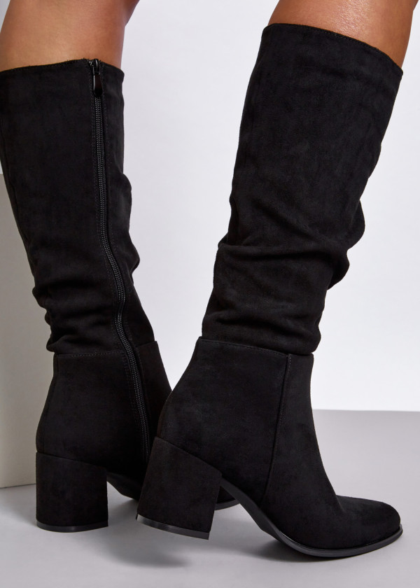 Black slouched heeled knee high boots 2