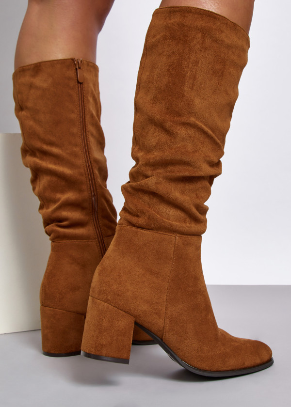 Tan slouched heeled knee high boots 2