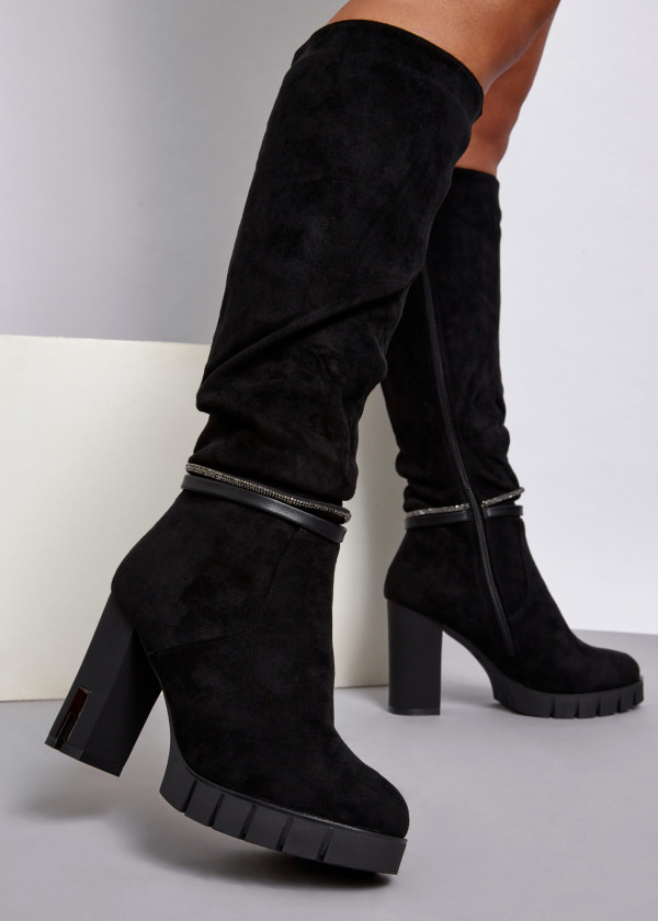 Black diamante strap heeled knee high boots 1