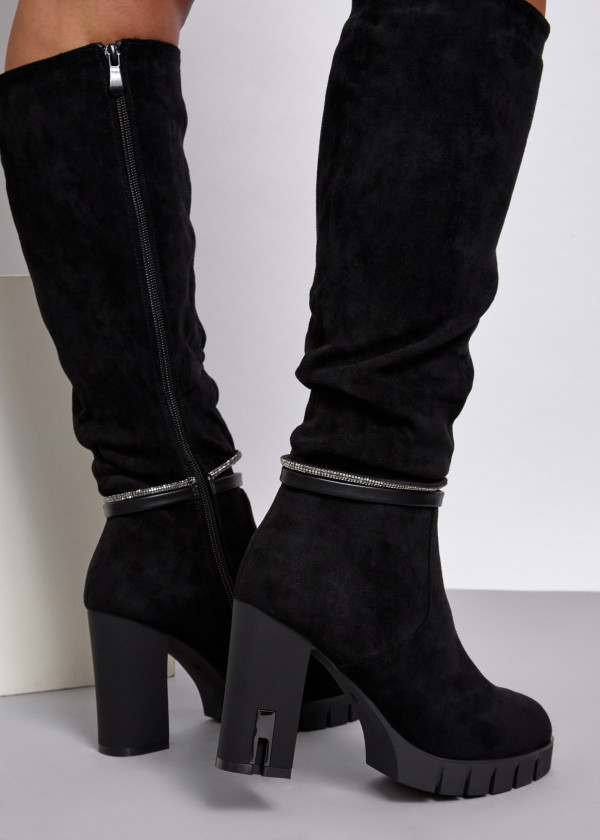 Black diamante strap heeled knee high boots 2