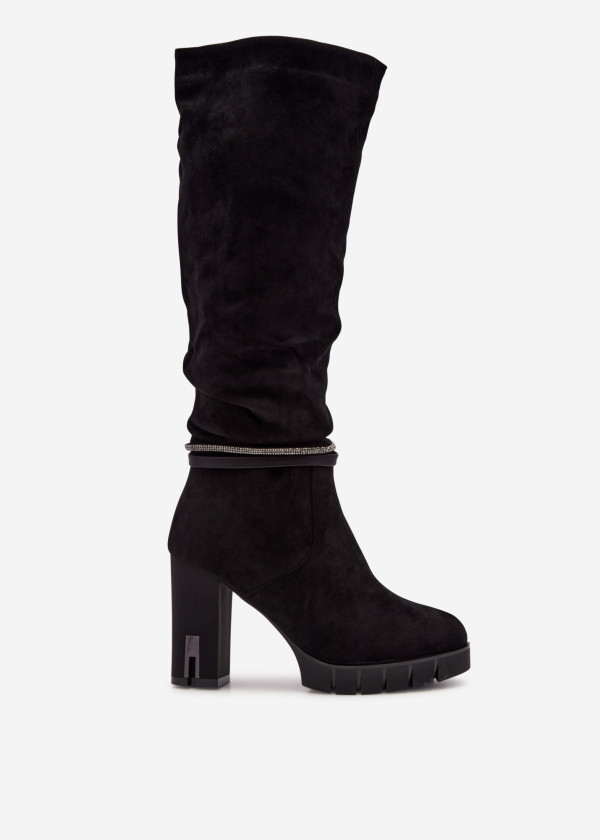 Black diamante strap heeled knee high boots 3