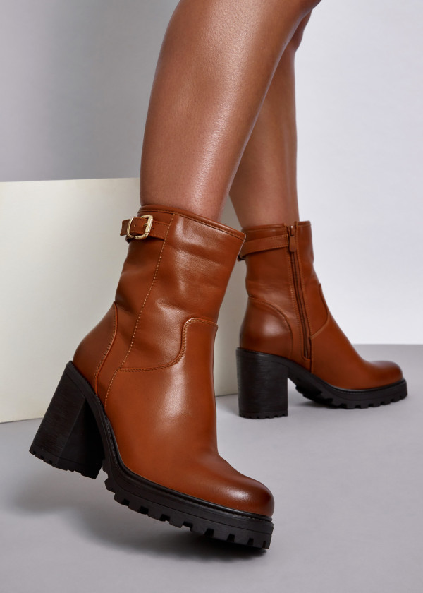 Brown tan buckle detail heeled midi boots 4