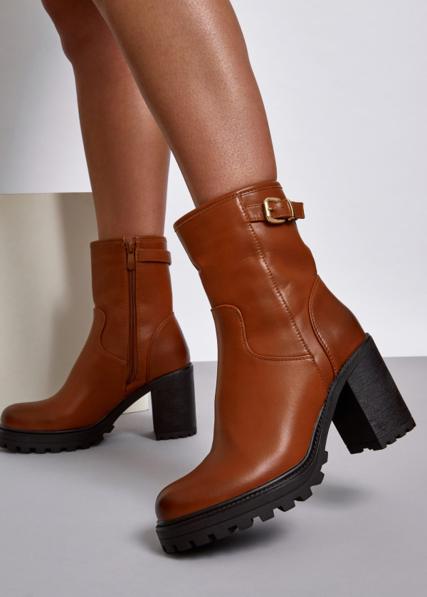 Brown tan buckle detail heeled midi boots 1
