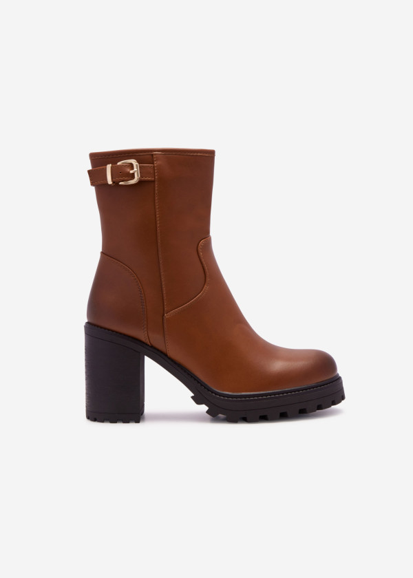 Brown tan buckle detail heeled midi boots 3